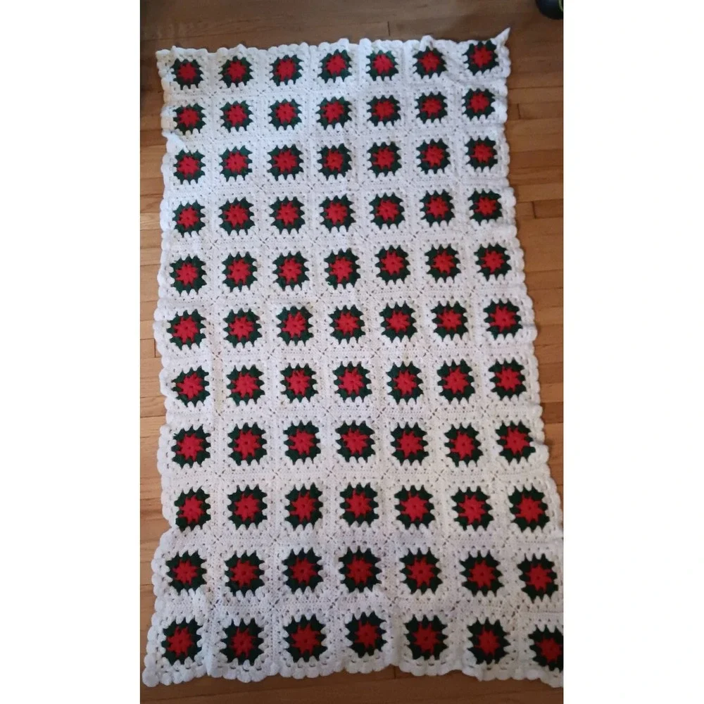 🌹Crochet Granny Square Raised Afghan‎ Throw Blanket 3D Flowers Poinsettia